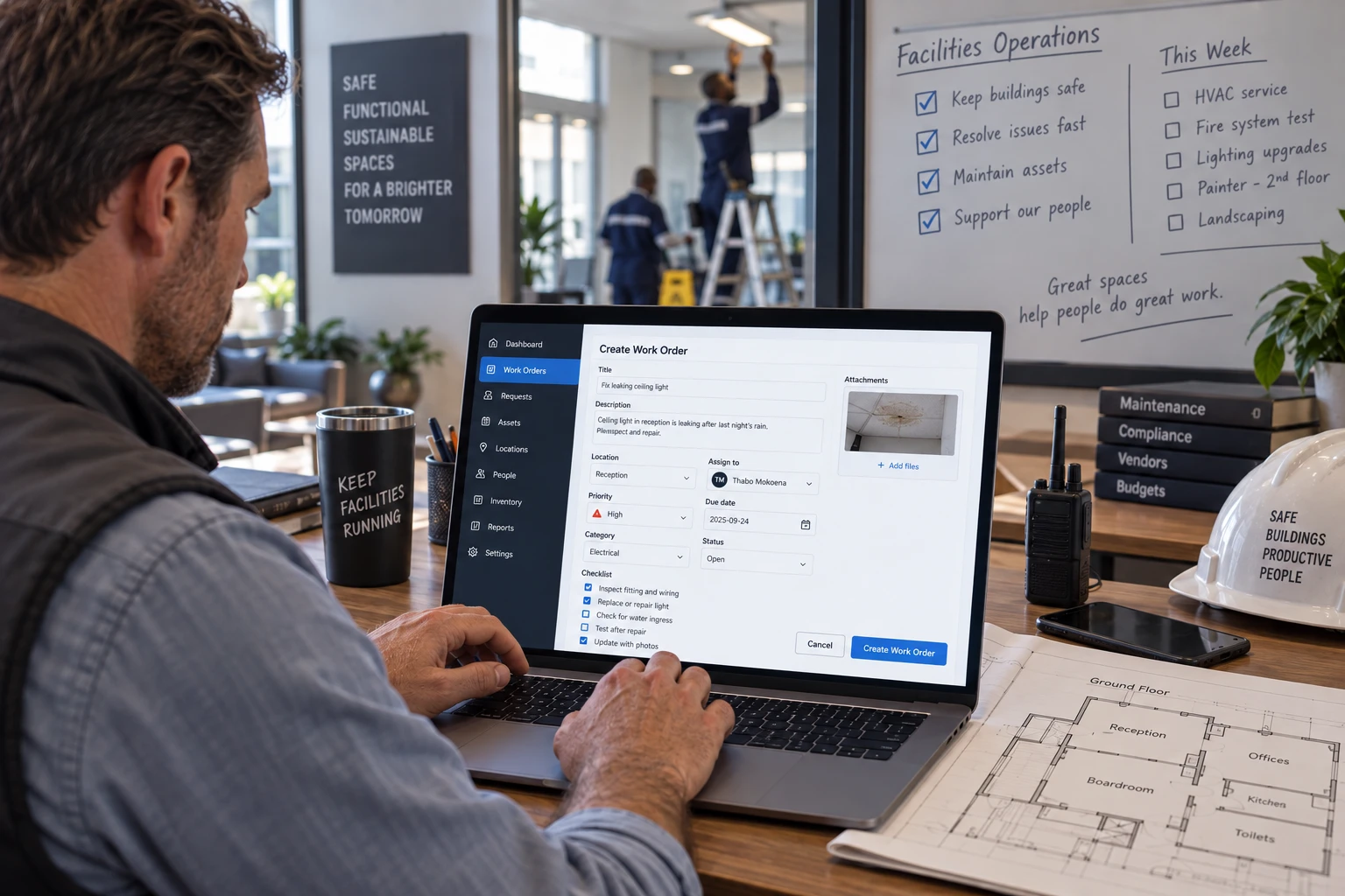 A manager writing up a job on a laptop.