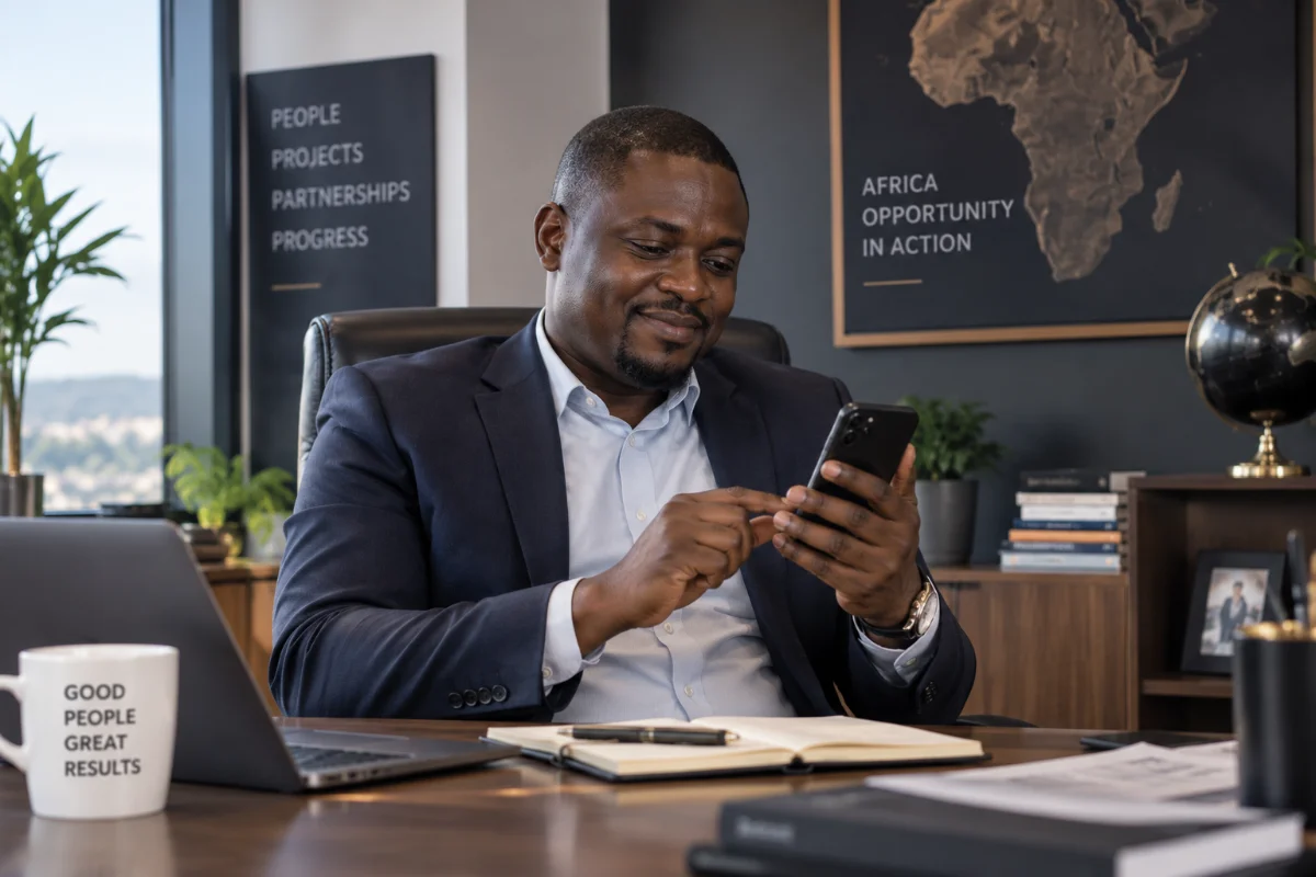 A manager reading a message on a phone at a desk.